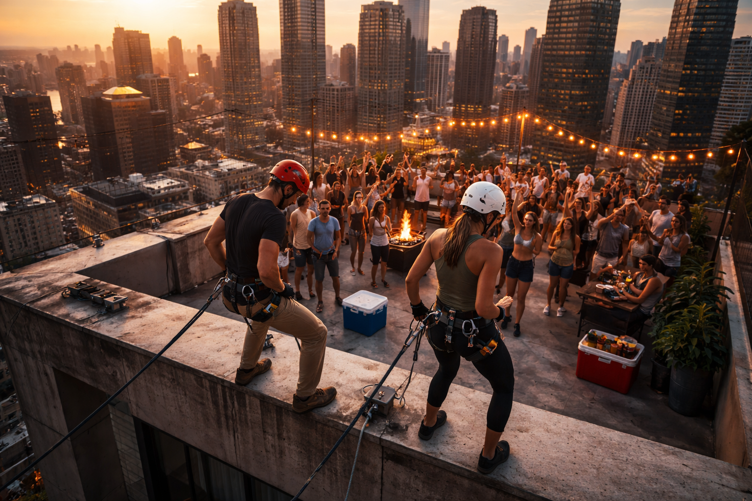 Rooftop rappelling party